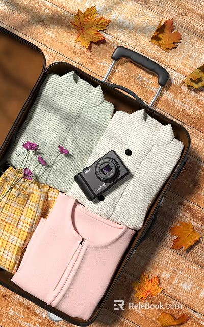 Open Suitcase Packed With Colorful Clothes Purple Flowers And Black Camera On Wooden Floor 3d model 