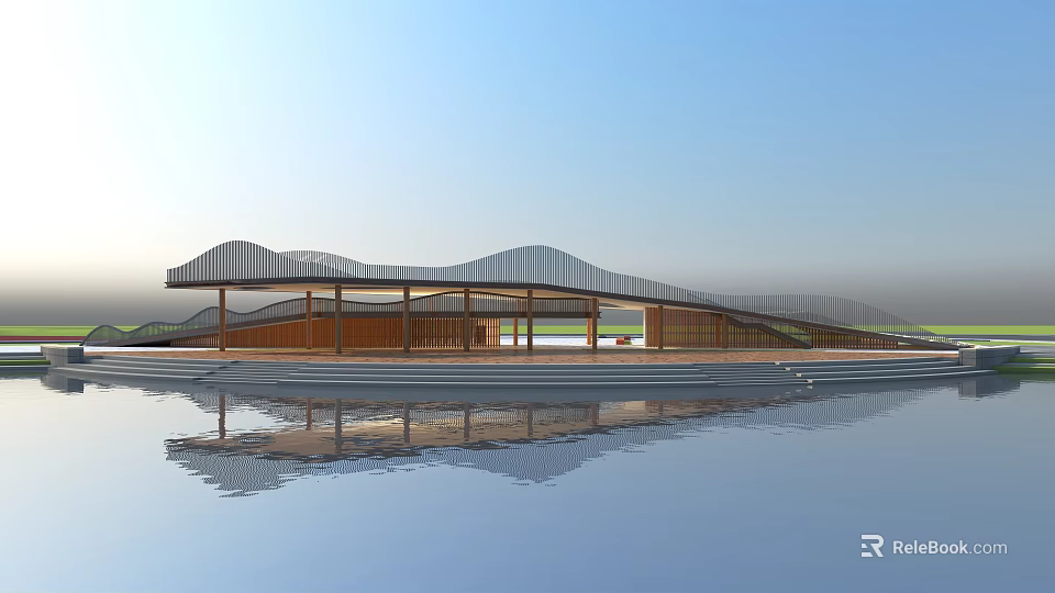 Scenic Modern Architectural Structure With Wavy Roof Wooden Glass Elements And Water Reflection 3d model 