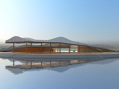 Scenic Modern Architectural Structure With Wavy Roof Wooden Glass Elements And Water Reflection 3d model