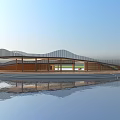 Scenic Modern Architectural Structure With Wavy Roof Wooden Glass Elements And Water Reflection