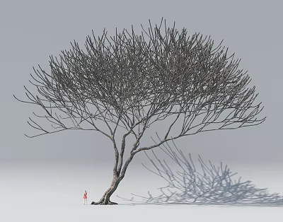 Leafless Tree With Wooden Trunk Small Figure Under Gray Background And Tree Shadow 3d model