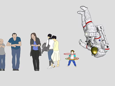 People Standing Together With Child Playing Hula Hoop And Floating Astronaut 3d model