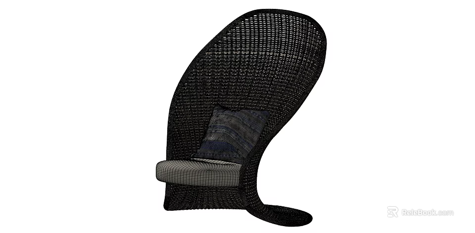 Black Rattan Single Chair With Modern Curved Shape And Striped Cushion 3d model 