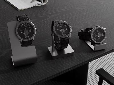 Modern Black Wristwatches Displayed On Dark Desk 3d model