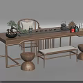 Wooden Chinese Style Tea Table And Chairs With Tea Sets Potted Plants And Stools
