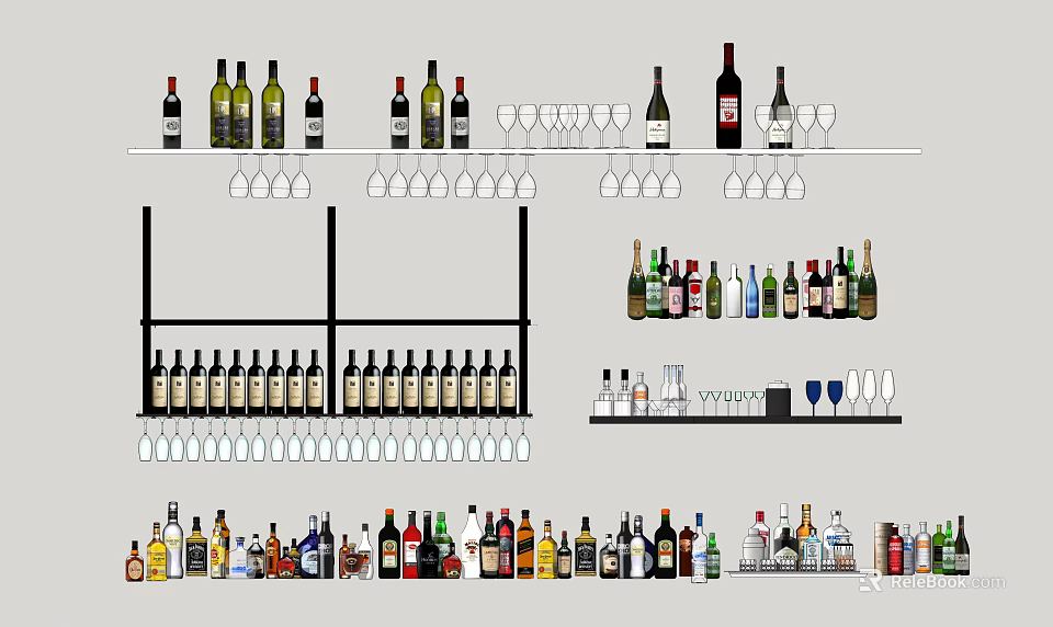 Various Wine Bottles And Glasses Arranged On Shelves For Bar 3d model 
