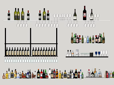 Various Wine Bottles And Glasses Arranged On Shelves For Bar 3d model