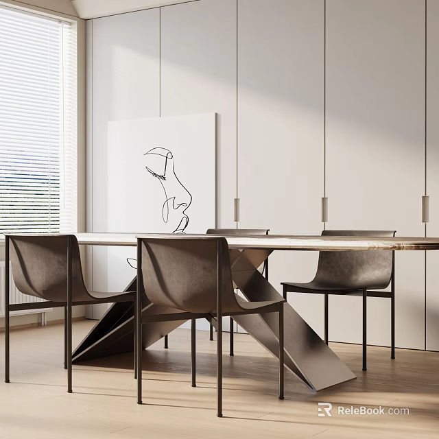 Modern Dining Table Set With Leather Chairs Metal Frame Hanging Lights And Wall Artwork 3d model