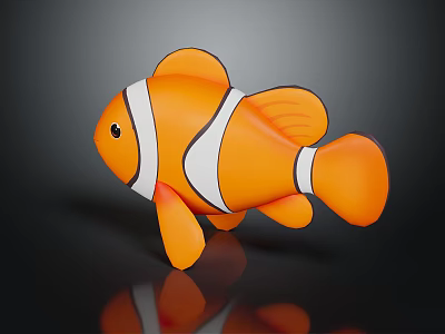 Clownfish with orange body and white stripes in cartoon style on dark background with reflection 3d model