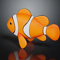 Clownfish with orange body and white stripes in cartoon style on dark background with reflection