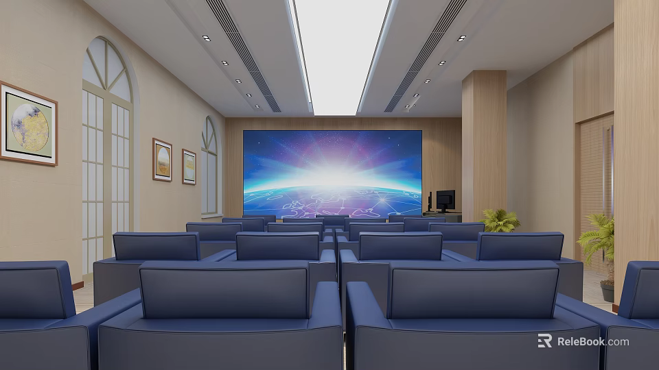 Modern Conference Room With Arranged Blue Seats Large Screen And Wooden Interior 3d model 