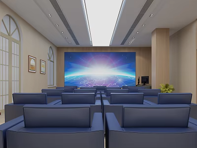 Modern Conference Room With Arranged Blue Seats Large Screen And Wooden Interior 3d model