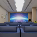 Modern Conference Room With Arranged Blue Seats Large Screen And Wooden Interior