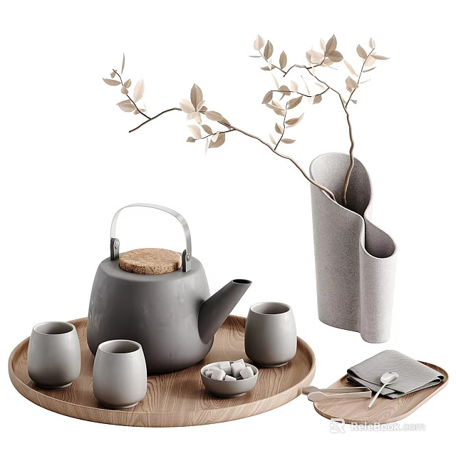 Stylish Gray Teapot With Tea Cups On Wooden Tray And Gray Vase With Branches 3d model 