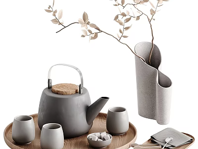 Stylish Gray Teapot With Tea Cups On Wooden Tray And Gray Vase With Branches 3d model