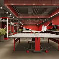 Modern Gym Interior With Red Fitness Equipment And Neon Lights