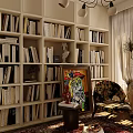 Modern Study Room Interior With Bookshelves Colorful Painting Gold Plant And Decorative Sculpture