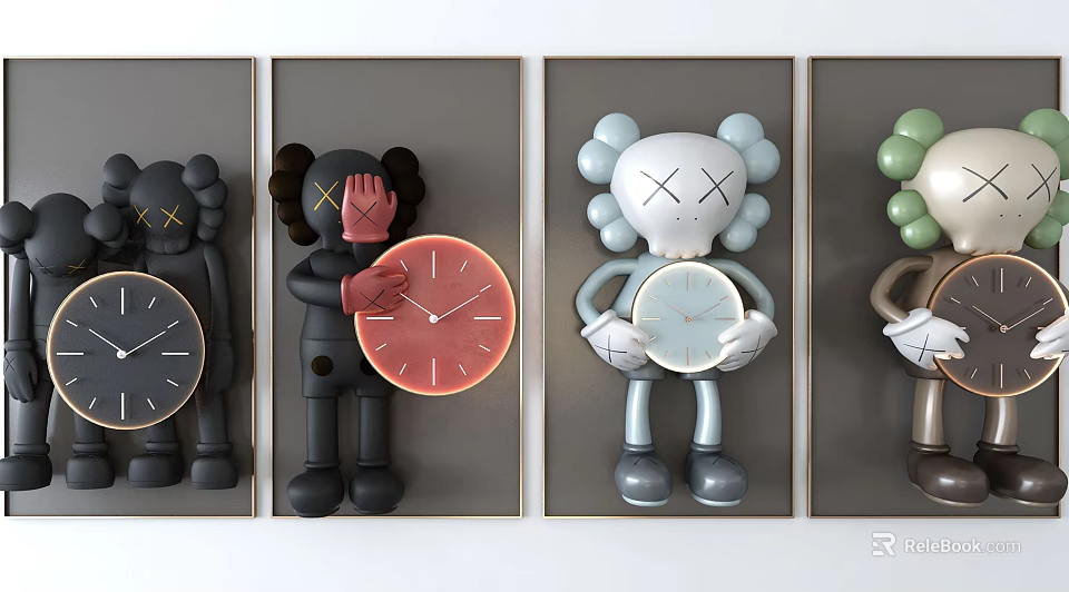 Colorful Cartoon Figures Holding Decorative Wall Clocks On Grey Background Panels 3d model 