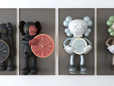 Colorful Cartoon Figures Holding Decorative Wall Clocks On Grey Background Panels 3d model