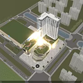 Modern High Rise Office Building With Glass Curtain Wall And Urban Street Greenery