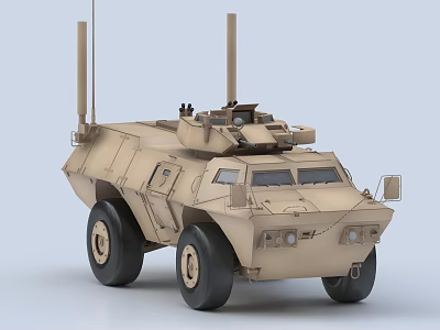 Sand Colored Military Armored Vehicle With Dual Antennas Mounted Turret Four Wheels And Protective Armor 3d model