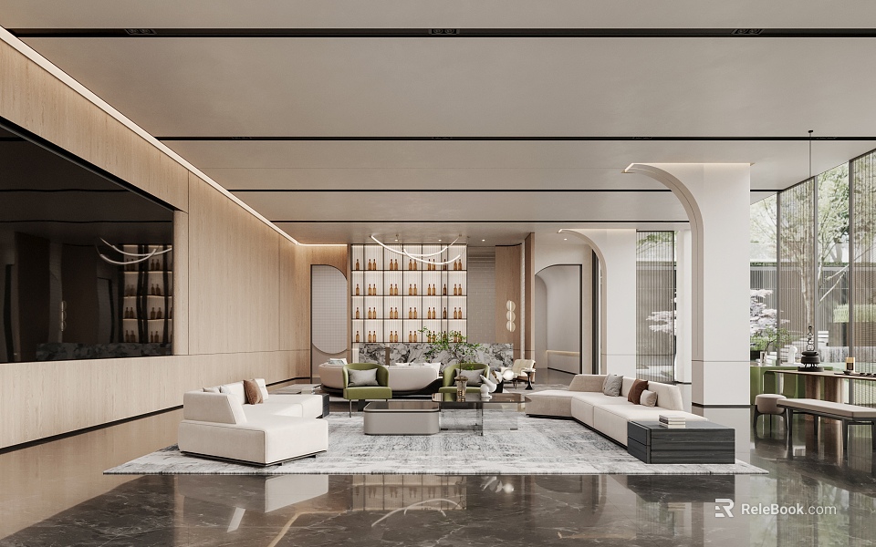 Modern Spacious Sales Office Interior Design With White Sofas Coffee Table And Green Plants 3d model 