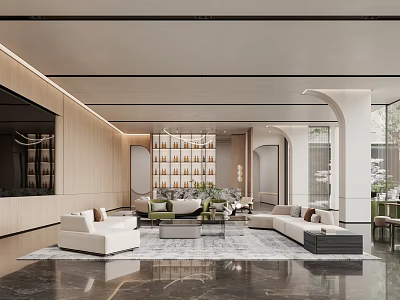 Modern Spacious Sales Office Interior Design With White Sofas Coffee Table And Green Plants 3d model