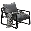 Stylish Modern Leisure Chair with Black Frame Beige Cushion and Black White Checkered Blanket
