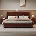 Modern Bedroom Interior With Wooden Bed Nightstand Table Lamp Green Plant Curtains And Rug