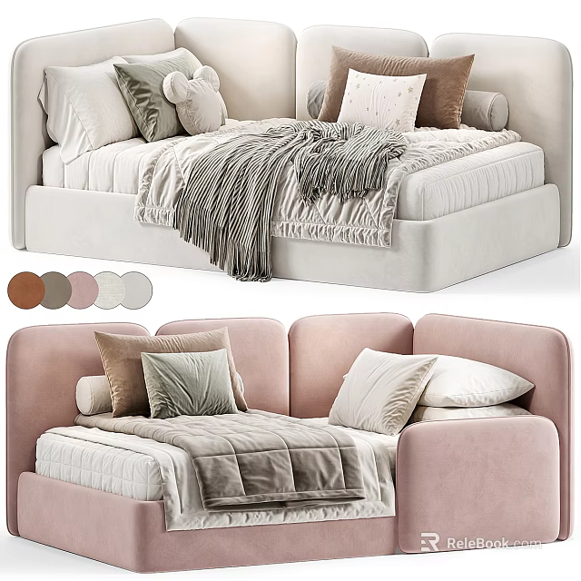 Soft Pink And White Kids Bed With Plush Headboard Pillows And Cozy Blanket 3d model 