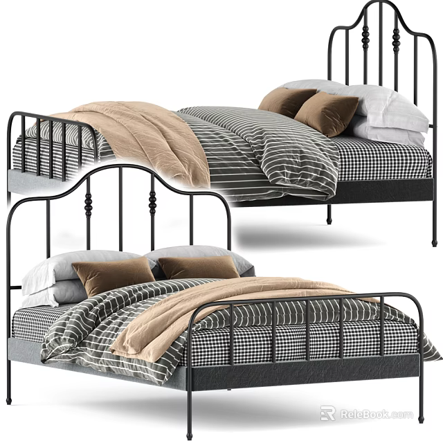 Stylish Black Metal Double Bed With Striped Checkered Sheets Brown Pillows And Beige Blanket 3d model 