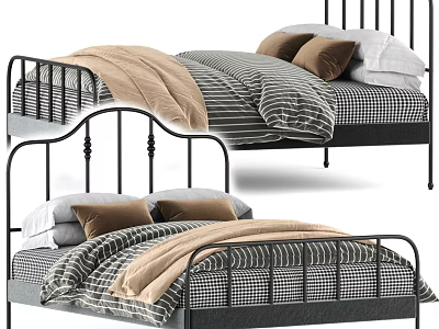 Stylish Black Metal Double Bed With Striped Checkered Sheets Brown Pillows And Beige Blanket 3d model