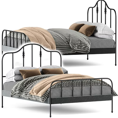 Stylish Black Metal Double Bed With Striped Checkered Sheets Brown Pillows And Beige Blanket 3d model