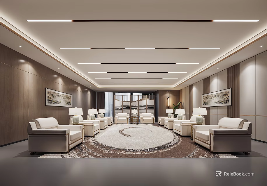 Elegant Modern Hotel Public Lounge Interior With Round Rug And Sofas And Decorative Paintings 3d model 