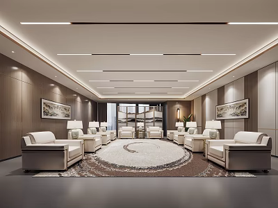 Elegant Modern Hotel Public Lounge Interior With Round Rug And Sofas And Decorative Paintings 3d model