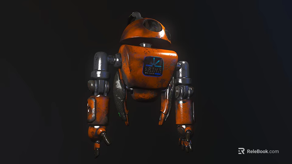 Orange Robot Character Featuring Mechanical Structure Future Forge Logo Metallic Arms And Robotic Design 3d model