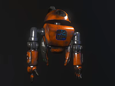 Orange Robot Character Featuring Mechanical Structure Future Forge Logo Metallic Arms And Robotic Design 3d model