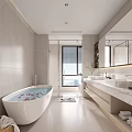 Modern Bathroom Interior With Freestanding Bathtub Double Sinks And Glass Shower