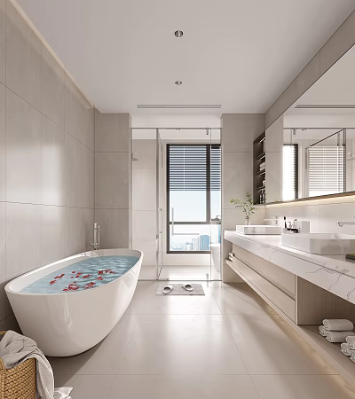 Modern Bathroom Interior With Freestanding Bathtub Double Sinks And Glass Shower 3d model