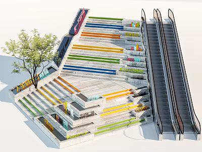 Modern Urban Park Landscape With Colorful Stepped Seating Area Escalator And Green Tree 3d model