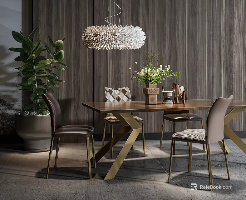 Modern Dining Table Set Wooden Top Gold Legs Upholstered Chairs Feather Light And Green Plant 3d model 