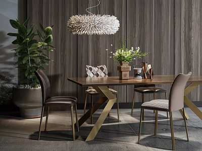 Modern Dining Table Set Wooden Top Gold Legs Upholstered Chairs Feather Light And Green Plant 3d model
