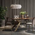 Modern Dining Table Set Wooden Top Gold Legs Upholstered Chairs Feather Light And Green Plant