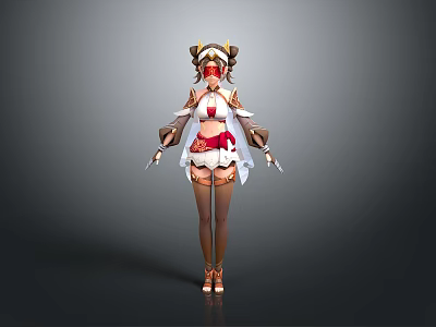 Woman in Red and White Outfit with Decorative Headpiece Flowing Shawl and High Heels 3d model