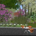 Garden Landscape With Purple Flowering Plants Lush Greenery Outdoor Chairs And Round Table