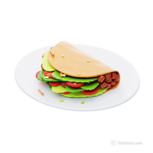 Fresh Taco with Lettuce Tomato Slices and Beans on White Plate Topped with Green Onions 3d model 