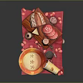 Delicious Food Platter With Bread Cheese Sliced Meat Donut Coffee Cup On Pink Cloth
