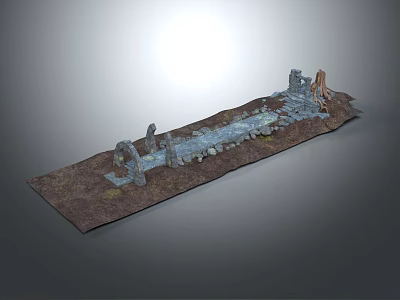 Scenic View Of Ancient Stone Ruins On Brown Land With Gray Background And Bright Light 3d model