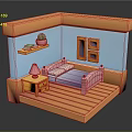 Colorful 3D Cartoon Bedroom Scene With Pink Bed Nightstand Lamp Window Shelf Potted Plant