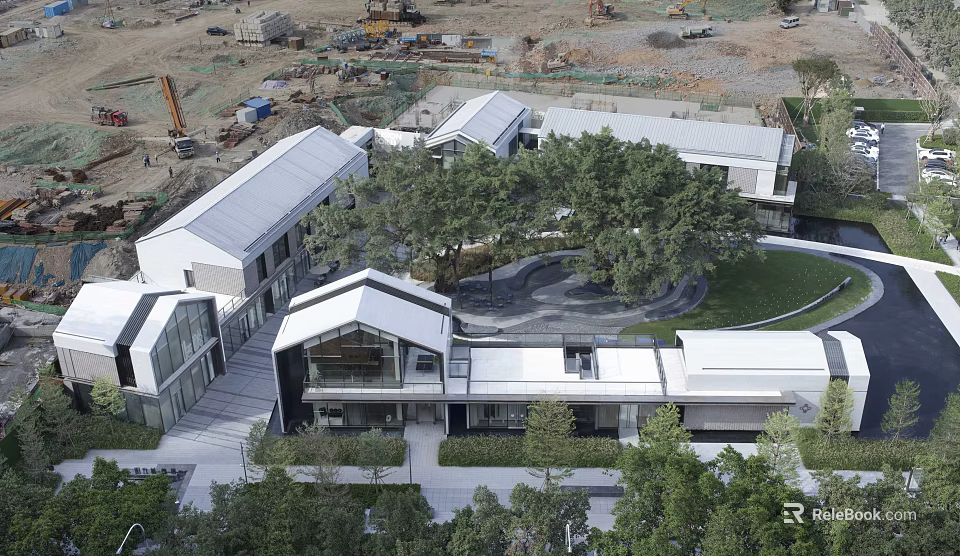 Modern Commercial Street Architecture With White Roofs Lush Trees And Green Spaces 3d model 